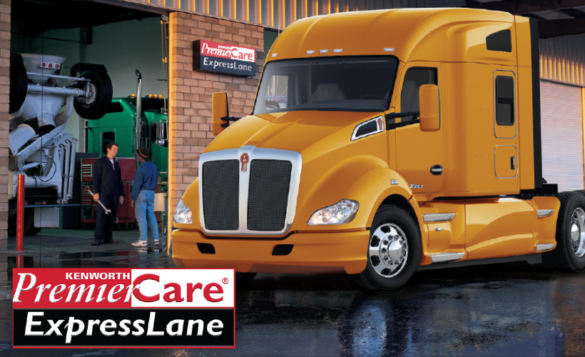 Camion Kenworth garé devant le garage PremierCare ExpressLane